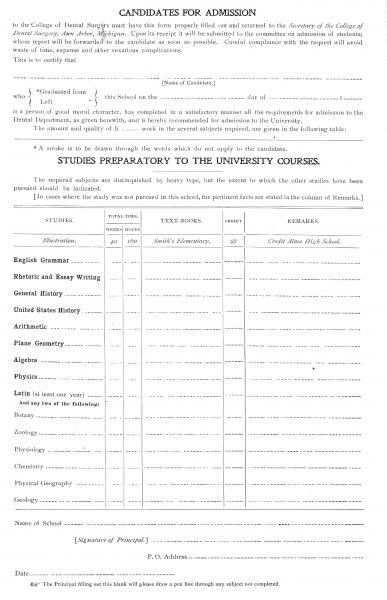 A College Application Form Dentistry application in 1900