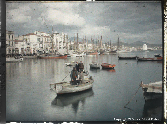 Scanned autochrome of scene on Greek waterfront
