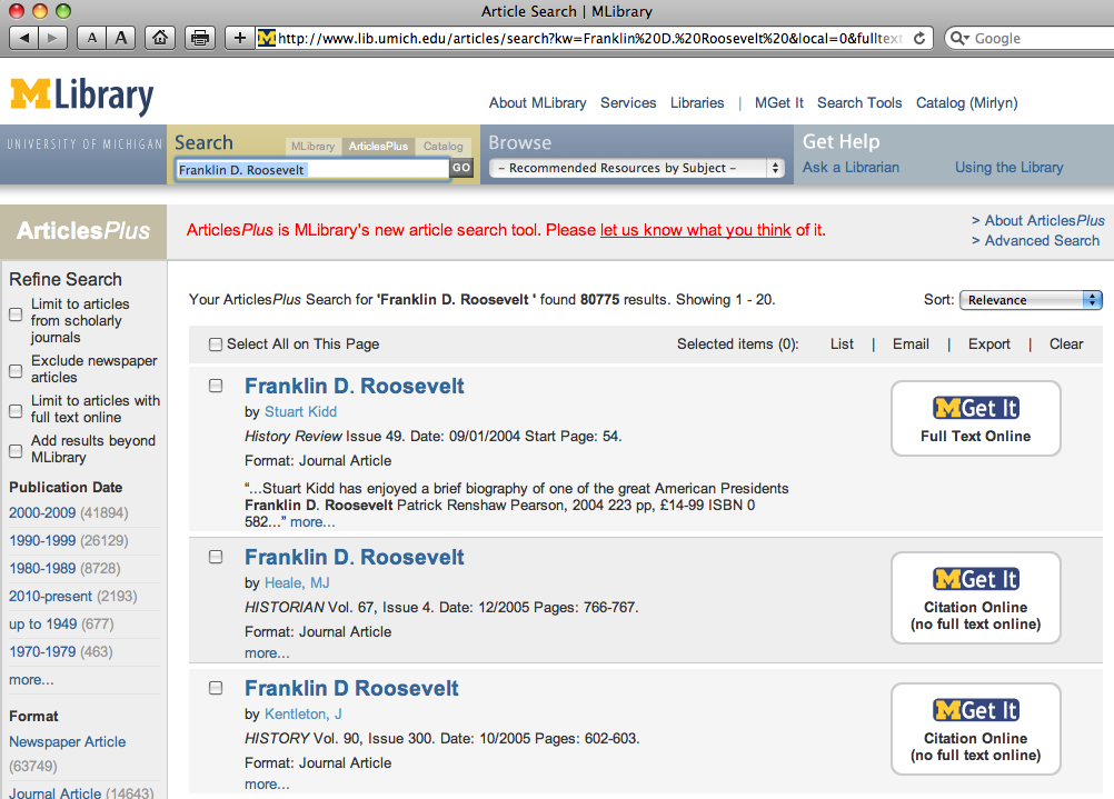 ArticlesPlus results for 'Franklin Roosevelt' search