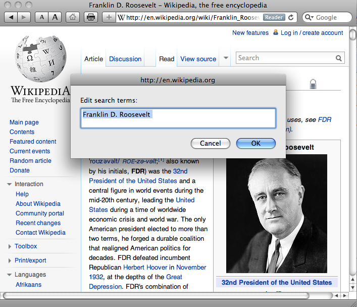 Screen shot of Wikipedia page with ArticlesPlus bookmarklet window superimposed