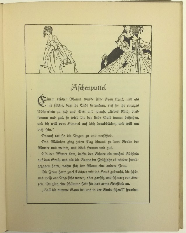 First page of Aschenputtel, with black and white illustration of Cinderella serving her stepsisters above the title