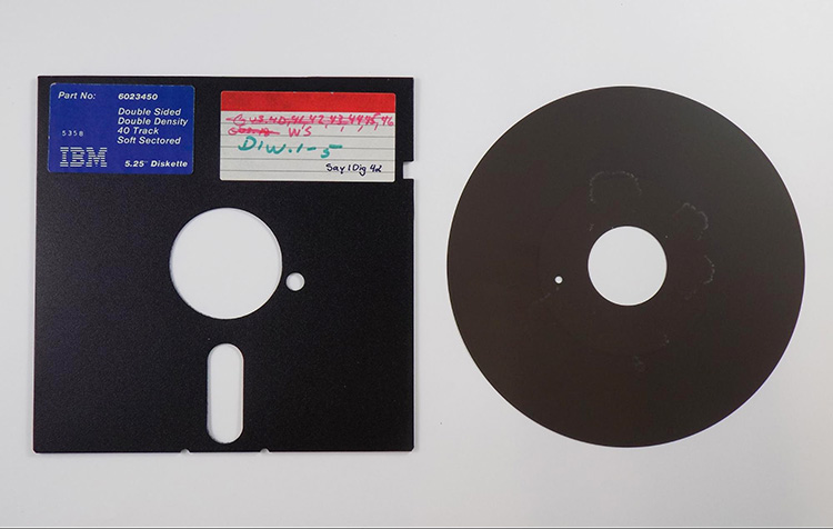 The magnetic disk removed from the floppy's cover.