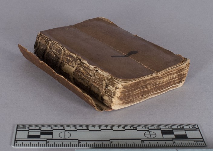 Spine view of book under discussion with ruler, pre-treatment