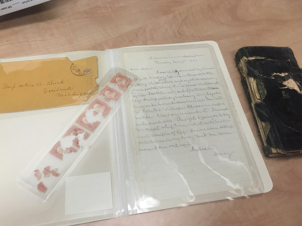 Letter, stamps, diary from Buck collection
