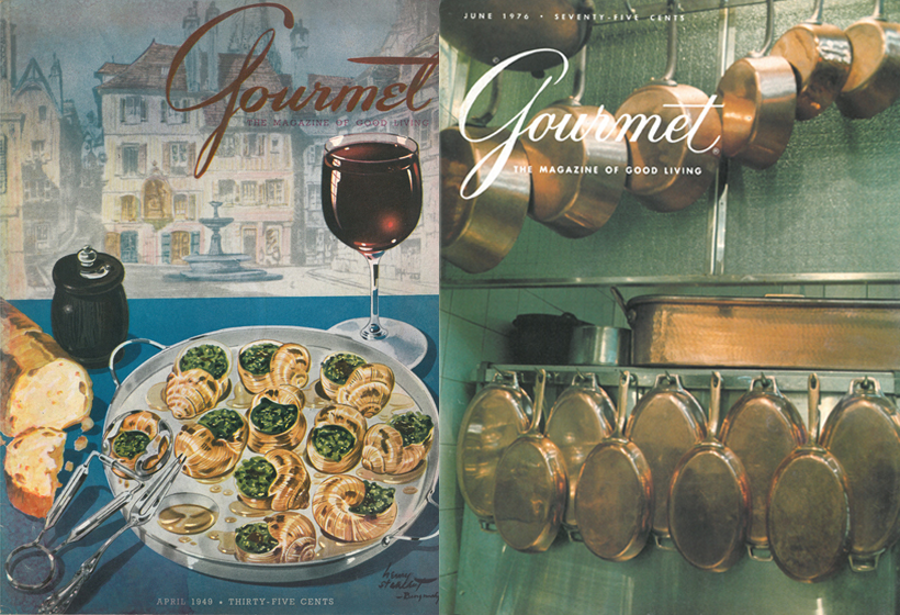 Gourmet magazine covers with escargot, wine, and copper pots