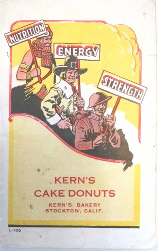 pamphlet cover illustration with three men in costume - an "ancient", a New England pilgrim, and a U.S. WWI soldier, with banners proclaiming "NUTRITION," "ENERGY," and "STRENGTH," respectively.