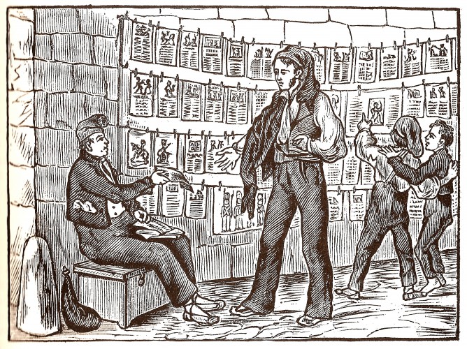 Tienda de "romanços"  (shop of Romances) by the convent of San Agustín (Barrio de la Ribera, Barcelona) as depicted in a woodcut included in a  sainete published in 1850.