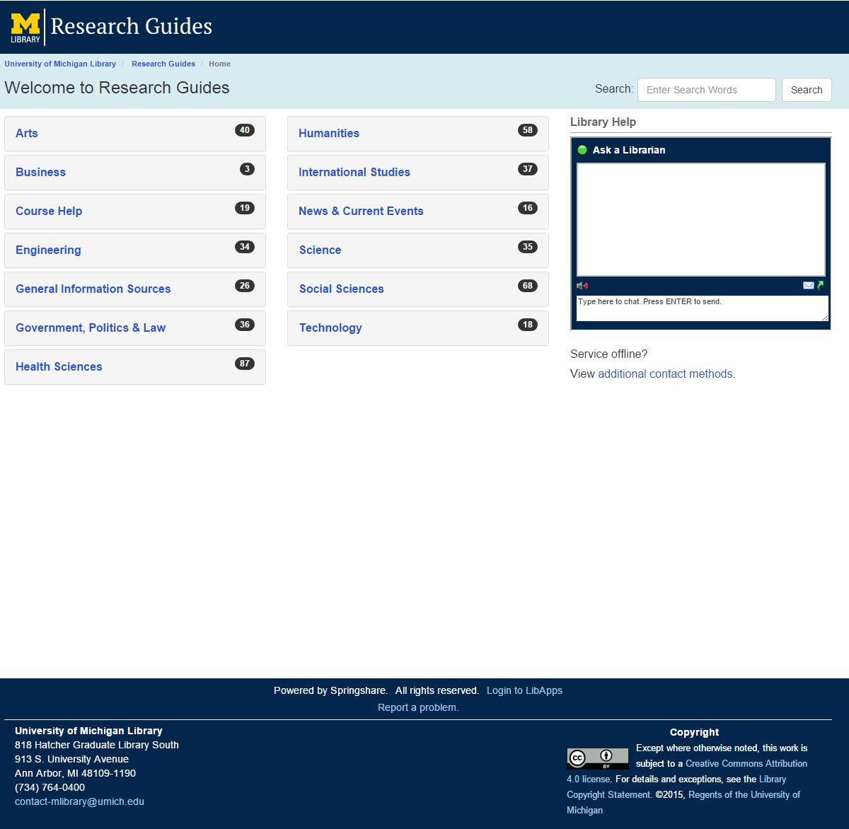 LibGuides Homepage after migration to version 2.0