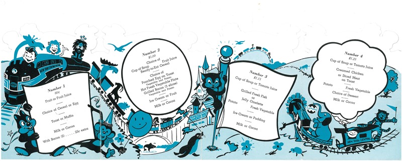 Children's breakfast menu with blue and black illustrations of children and animals