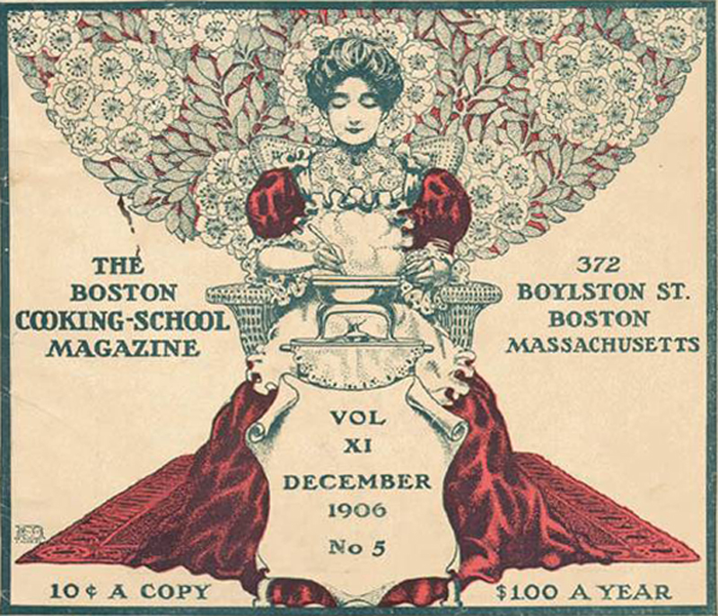 The cover of an issue of the Boston Cooking School Magazine: the stylized figure of a woman in a red gown cooing over  achafing dish