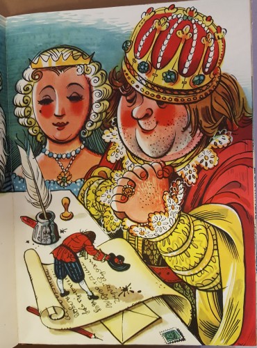 Tiny Gulliver presented to the giant king and queen