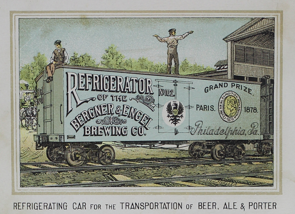 Illustration of a refrigerated railroad car used for shipping beer in the the late nineteenth century