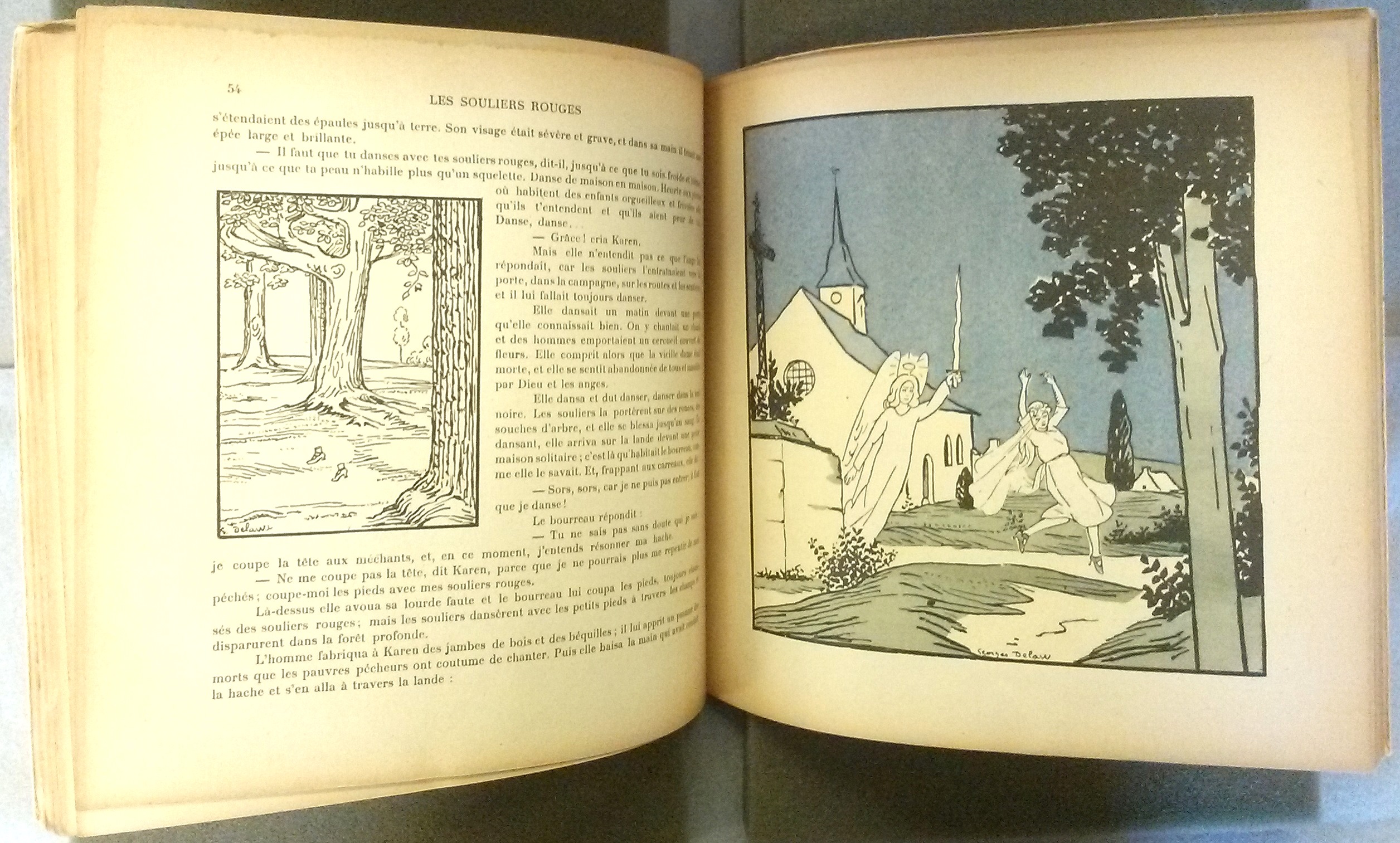 Page spread from 1920 French translation of The Red Shoes. On the left, a black and white illustration of the red shoes dancing alone with Karen's amputated feet. On the right, a full-color plate of Karen dancing in the churchyard as the angel threatens her with his sword
