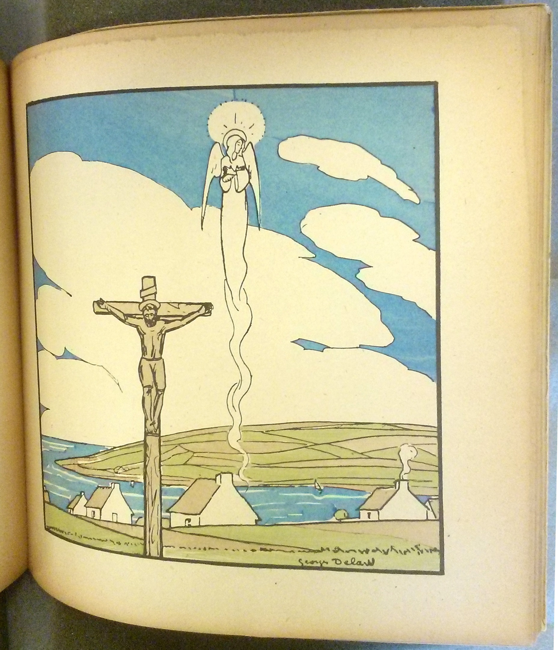 Full-color plate from 1920 French translation of The Red Shoes, showing Karen ascending to heaven. 