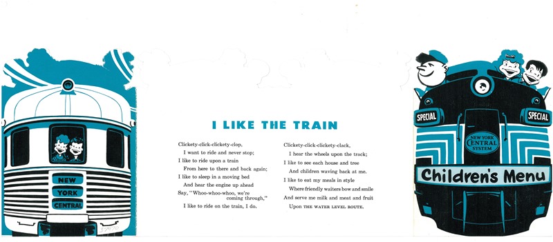 Poem "I Love the Train" on back of Children's menu, illustrated by train