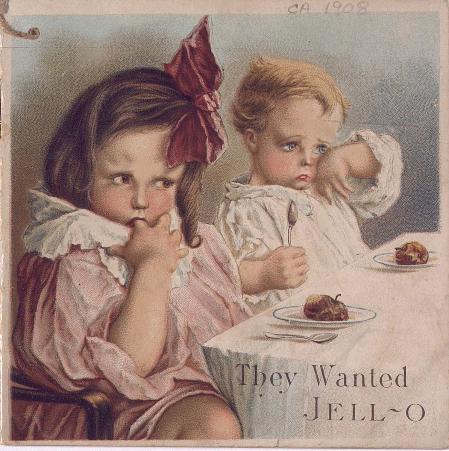 Two children at a table with spoons in their hands, crying because they want Jell-O