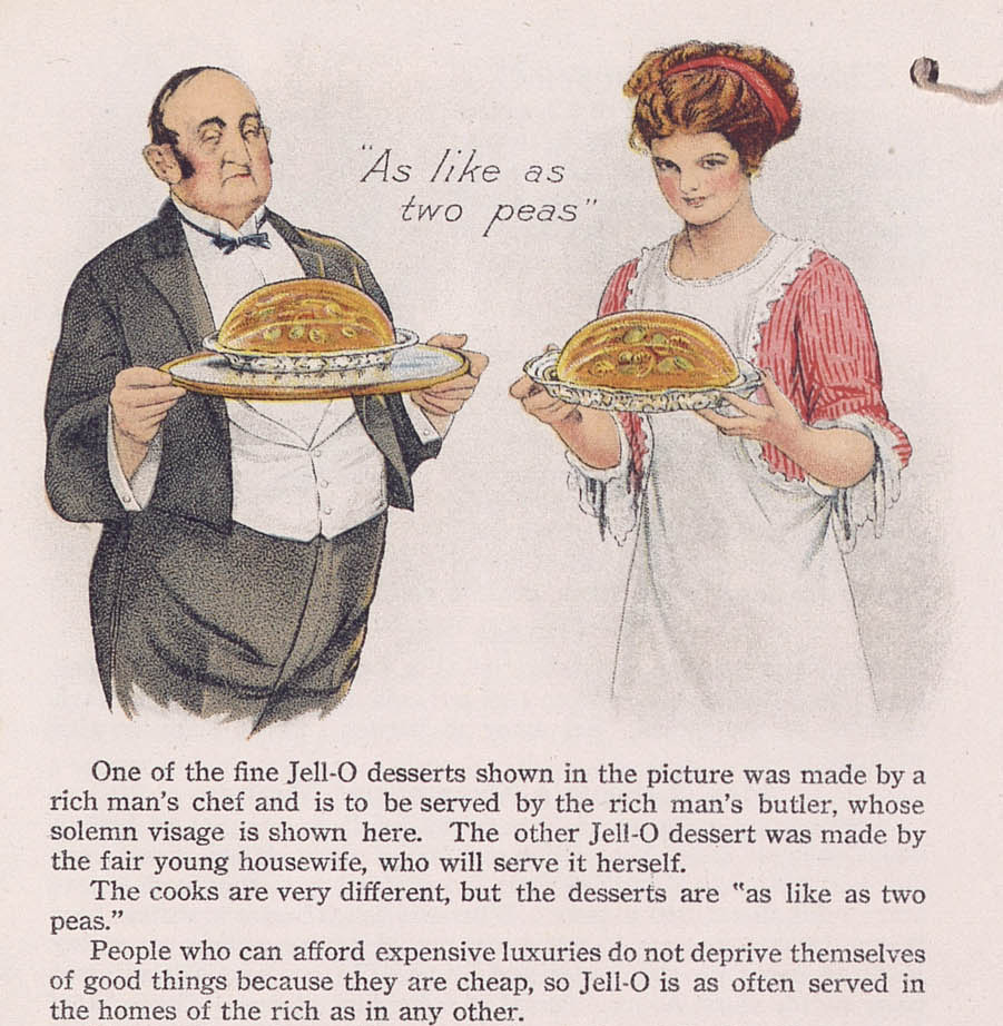 A butler and a housewife holding identical Jell-O molds