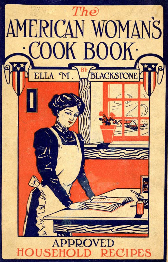 Book cover illustration of a woman in an apron standing at a kitchen table with an open book and kitchen implements in front of her.