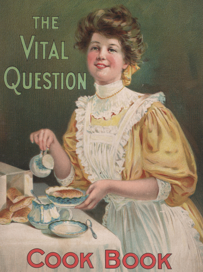 A woman in a gold-colored gown and frilly apron holding a bowl of shredded wheat and a pitcher of milk
