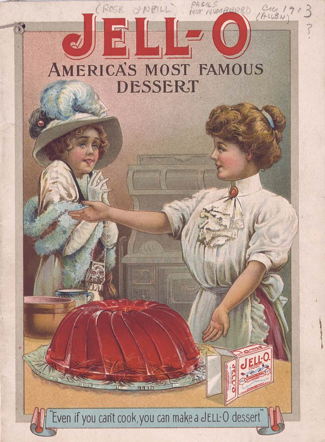 Two women face each other across a large orange Jell-O mold. One woman dressed a as a housewife gestures reassuringly to the other who wears a fur stole and elaborate hat