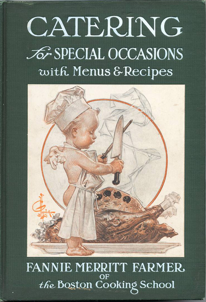 A winged cherub wearing a chef's hat, sharpening a carving knife in front of a roast turkey