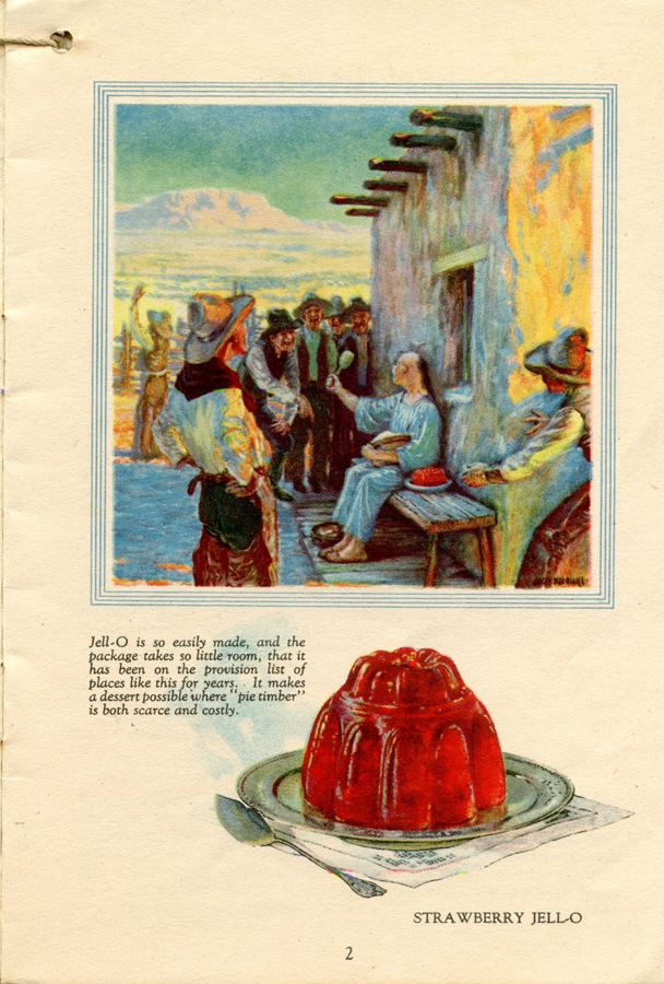 A Chinese camp cook sits on a bench, surrounded by laughing cowboys.A large strawberry Jell-o mold  fills the bottom of the page.
