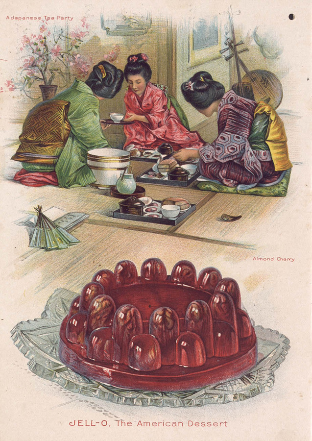 Three kimono-enrobed women kneel on mats; beyond them we see a series of recognizably Japanese objects - fan,cherryblossom, string instruments, and of course, the tea paraphernalia. The Almond Cherry dessert at the bottom of the page shows cherry Jell-O set in an ornate mold with twenty-four rounded peaks, with a nut enrobed in each peak.
