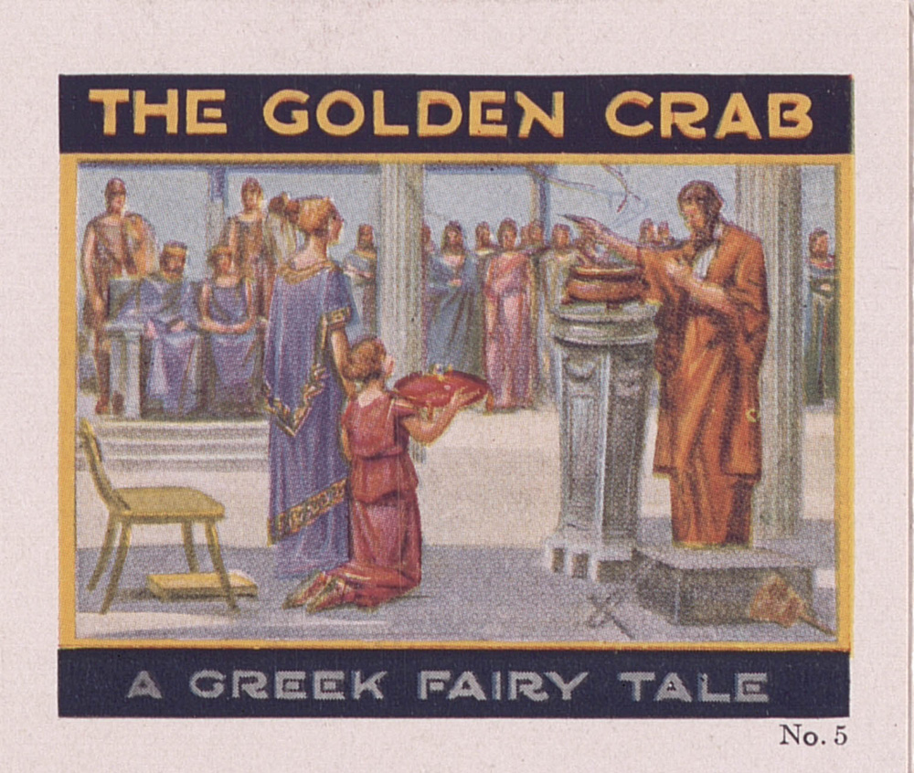 An imagined ancient Greek court scene where background figures including a king and queen look on as two supplicants, one of them kneeling, present a golden crab on a pillow to a third figure standing at a marble lectern. Everyone is dressed in colorful robes.