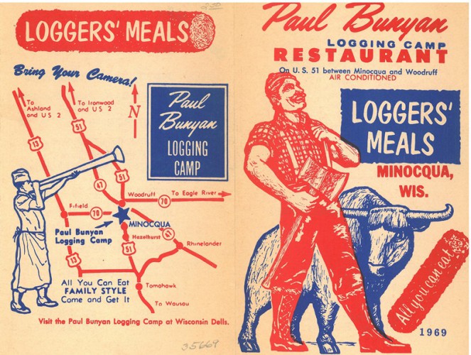 Menu illustrated with image of Paul Bunyan and his ox