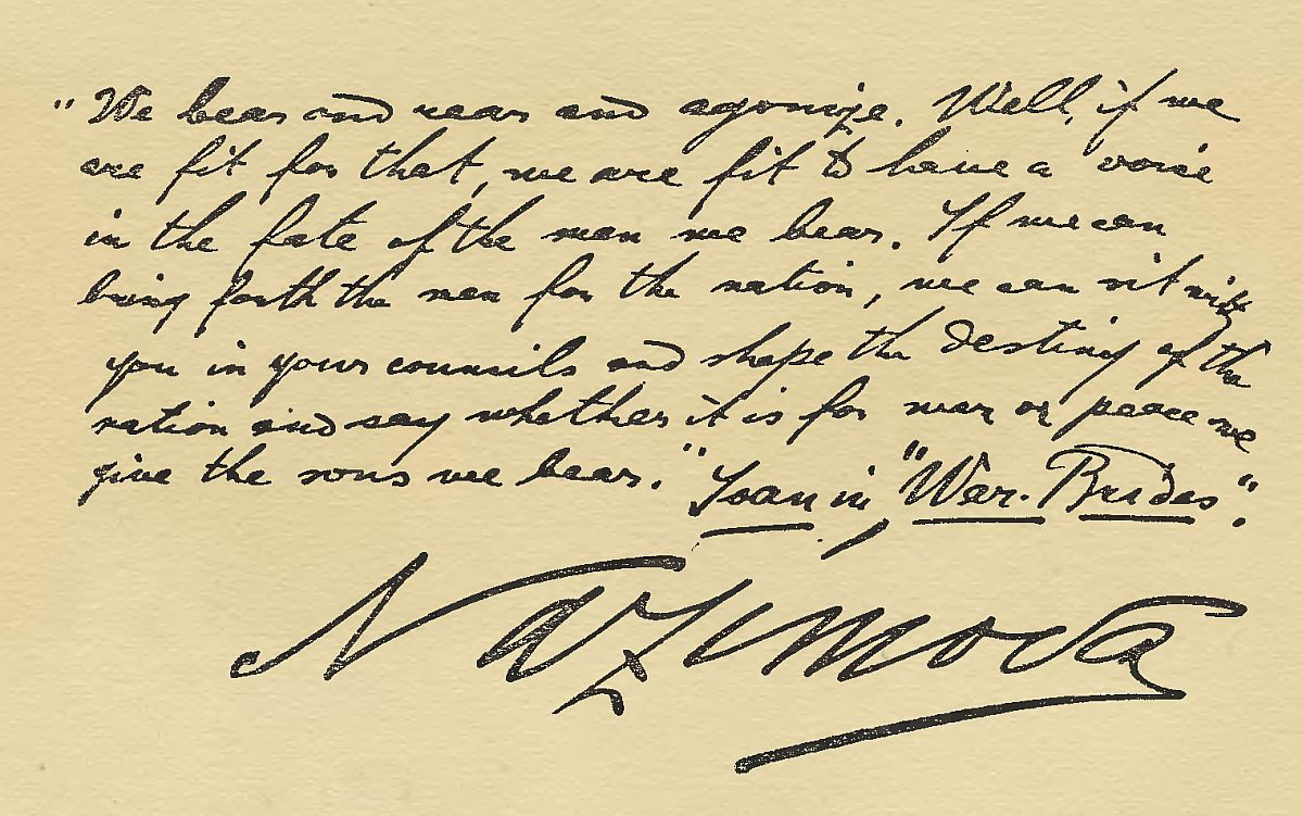 Handwritten quote from the 1915 movie War Brides