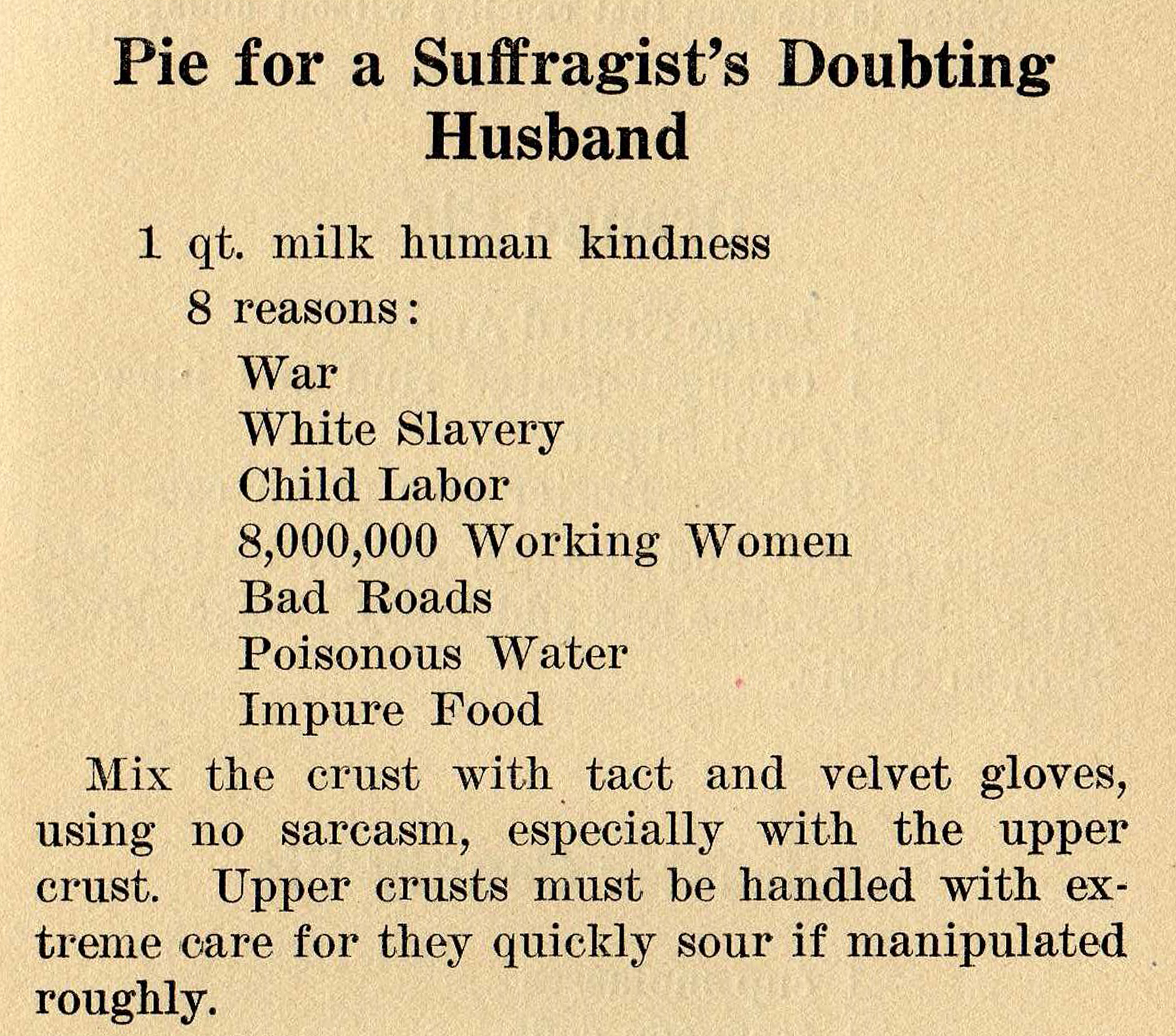 A satirical pie recipe. Text in the blog post above