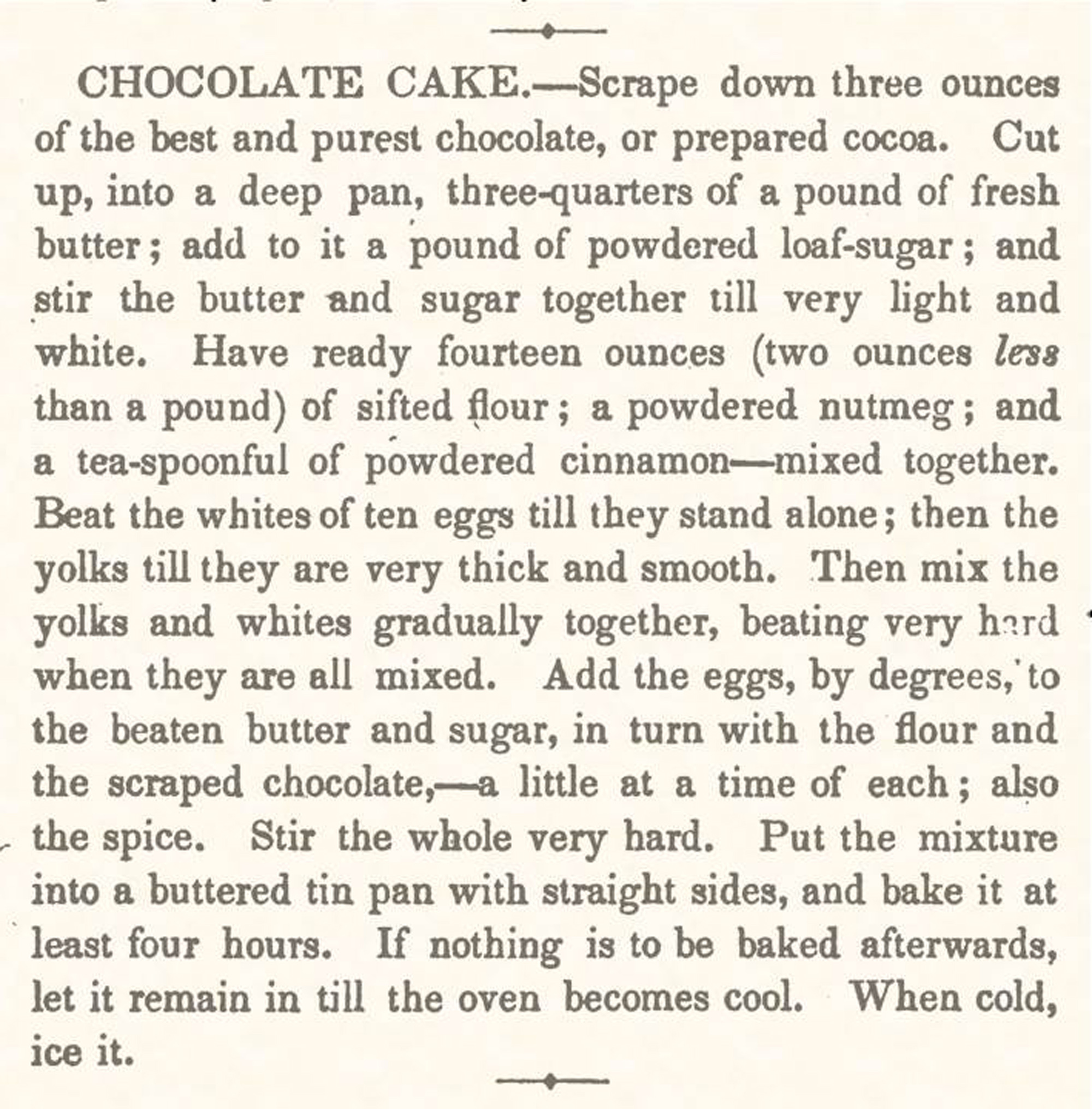 Chocolate cake recipe in The Lady’s Receipt Book by Eliza Leslie. 
