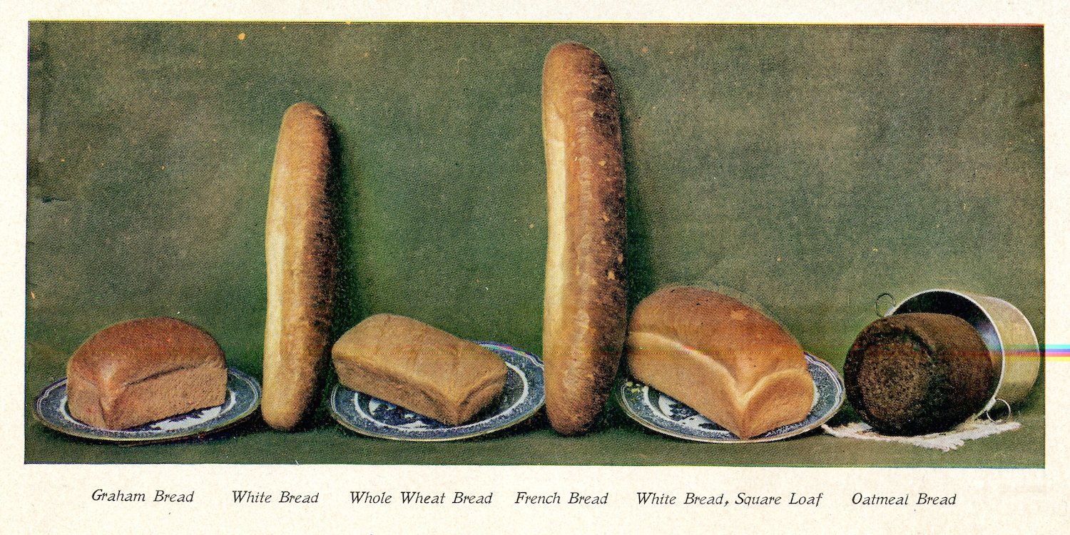 Variously shaped loaves of bread in a row