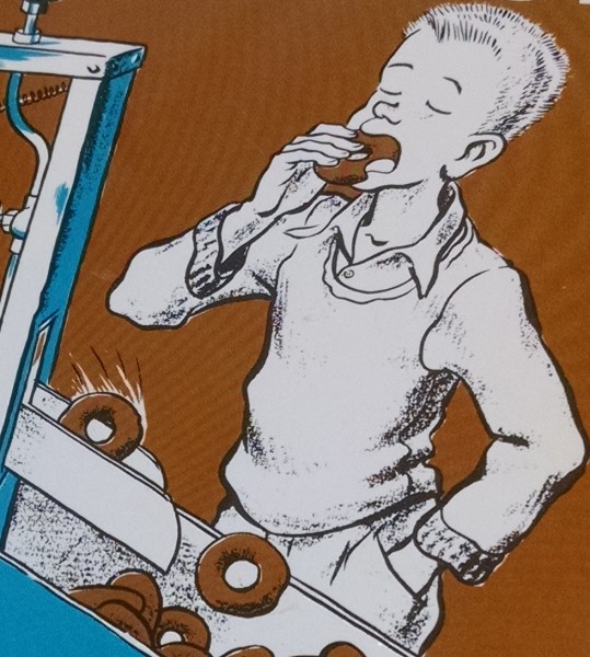 An drawn illustration of a boy, eyes closed, eating a doughnut fresh from the machine.