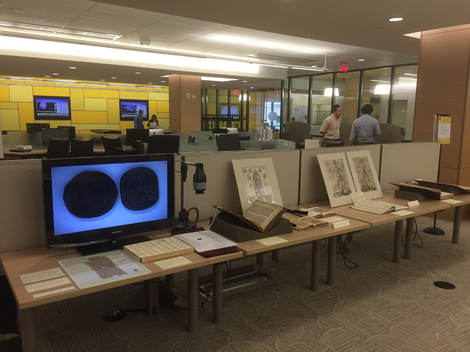 Photo taken a few minutes before the arrival of the guests, showing a selection from the History of Medicine Collection on the fourth floor of the recently renovated Taubman Library, University of Michigan Library