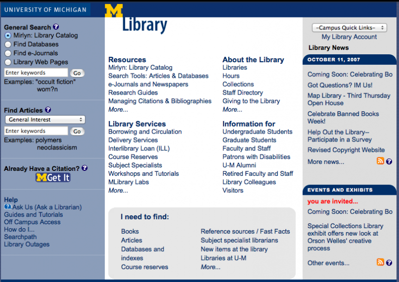 U-M Library website from seven years ago