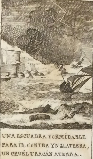 Illustration depicting the so-called "Armada Invicible" as it was destroyed by a storm when attempting to invade England.