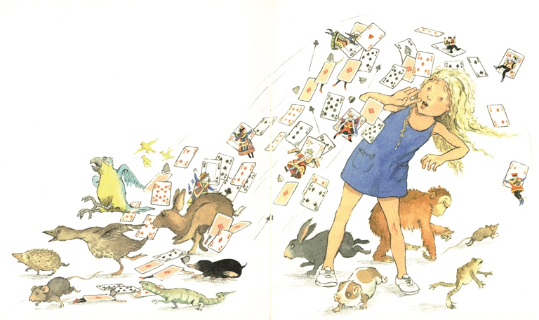 Alice surrounded by the playing cards and creatures of Wonderland