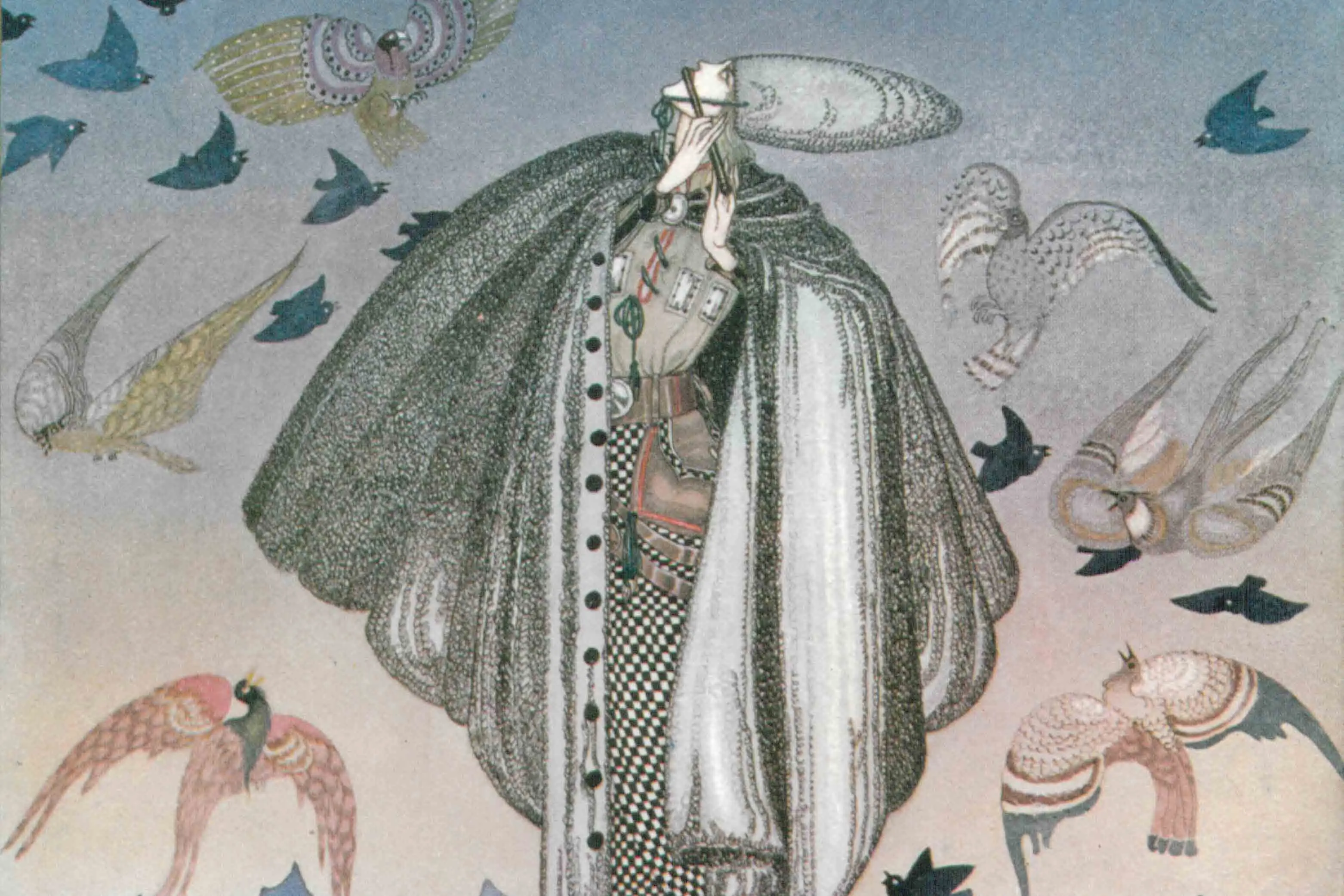Book illustration of an abstract person surrounded by whimsical birds.
