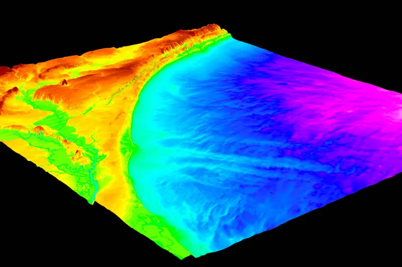 Digital elevation model of Myrtle Beach, South Carolina that shows land heights and water in different colors.