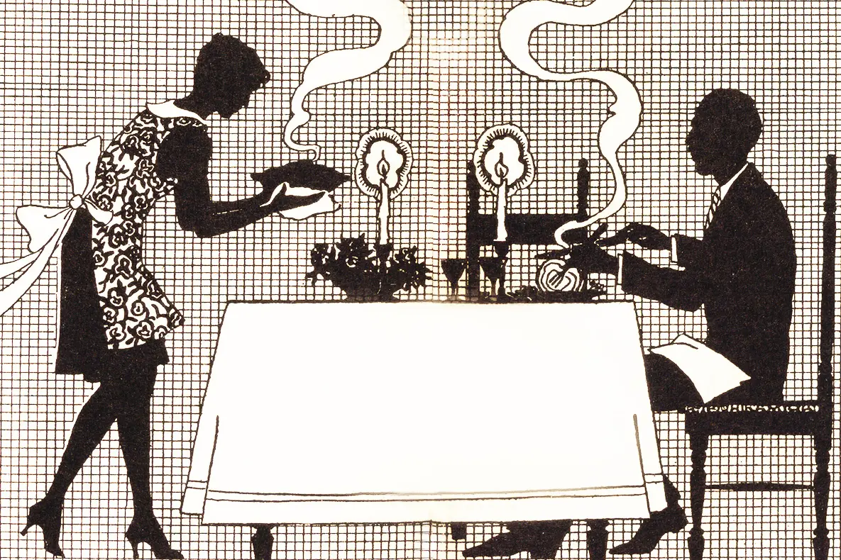Illustrated paste-down and endsheet of the book. Shows a black and white silhouette-style illustration of a man in a suit seated at a small table decorated with candles and a woman in heels and an apron with a large bow bringing a pie to the table.