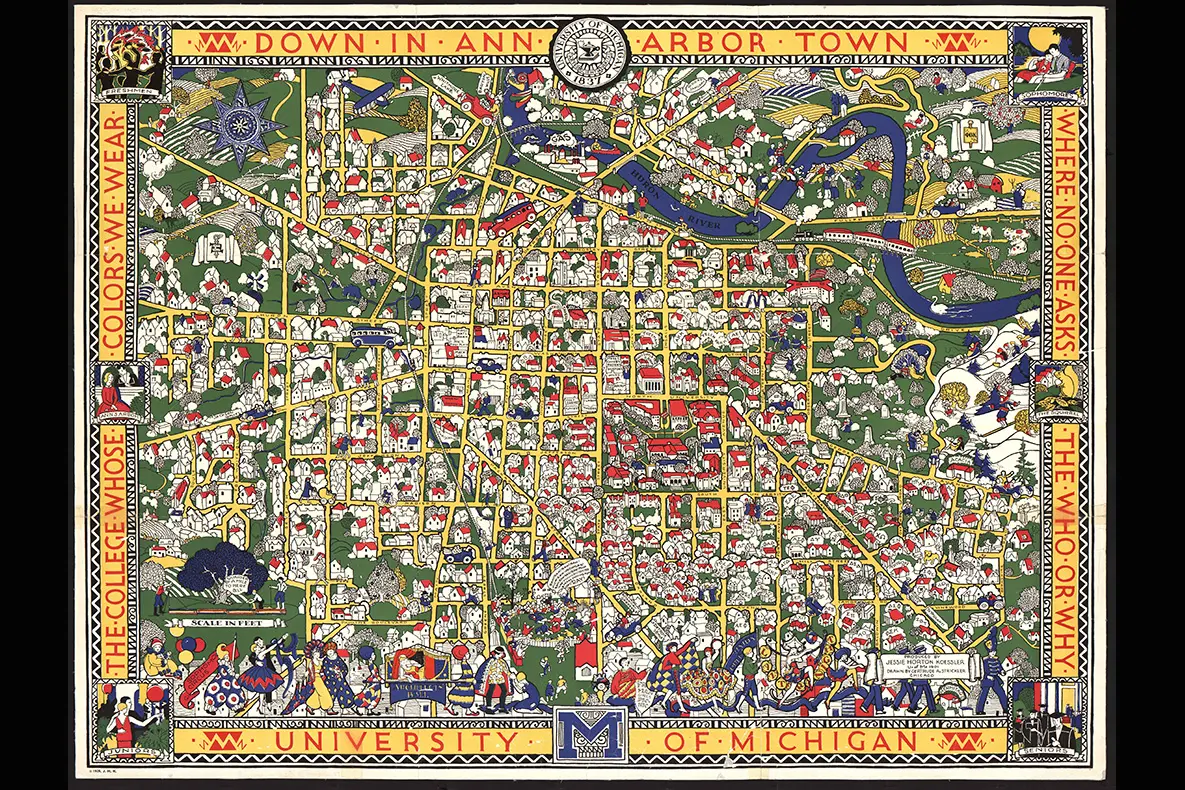 Colorful map of the University of Michigan in Ann Arbor, surrounded by the text, Down in Ann Arbor Town, University of Michigan, The college whose colors we wear, where no one asks the who or why.