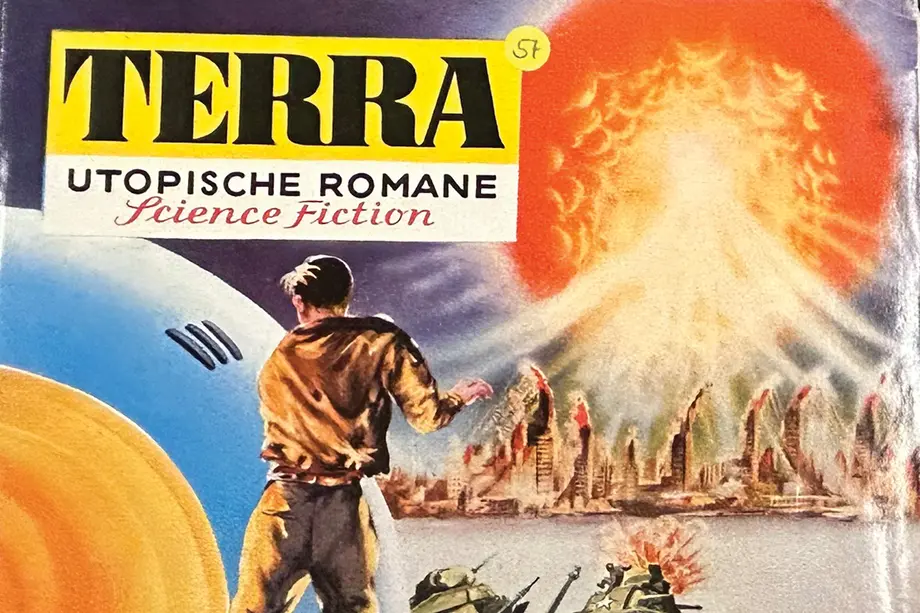 Terra Utopische Romane, with a man facing a fiery explosion.