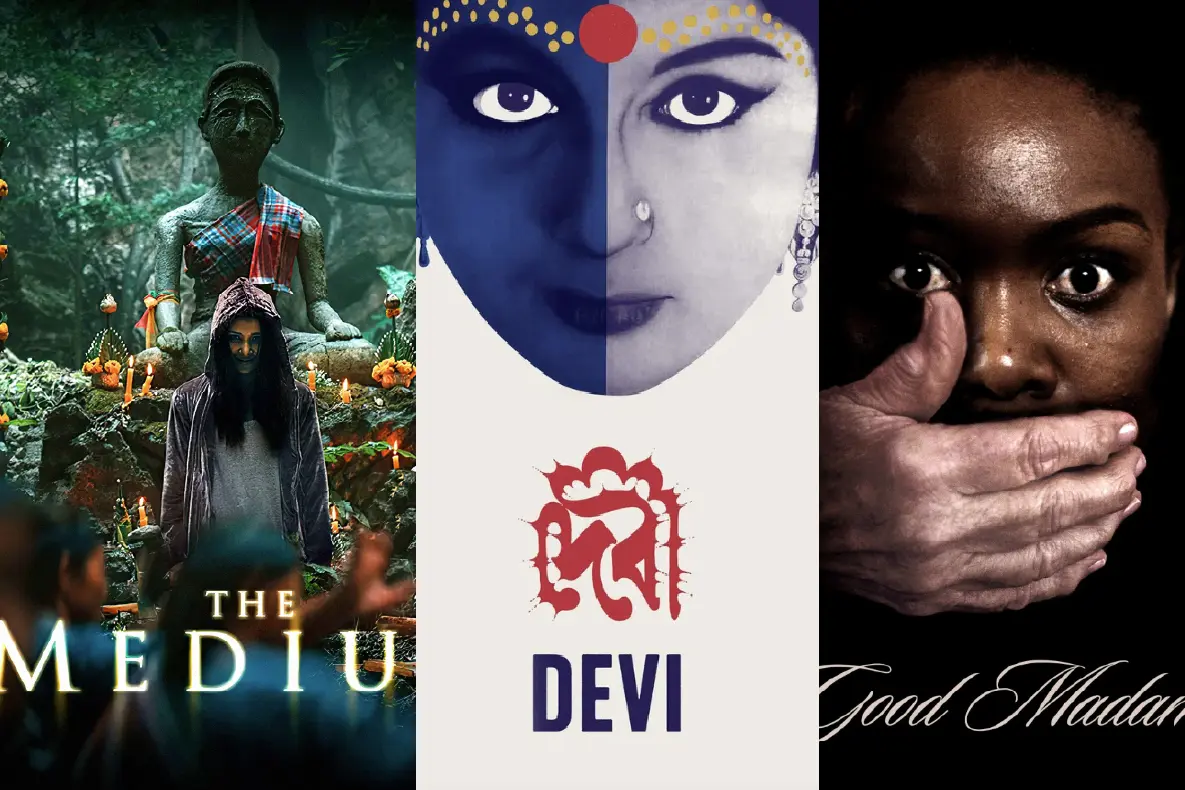 Images from movies: The Medium (long-haired person in a hoodie), Devi (woman with a red dot on her forehead), and Good Madam (woman with a hand covering her mouth)..