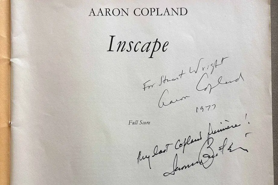 Title page to the full score of Aaron Copland's Inscape, with two signature inscriptions by Copland and Leonard Bernstein dated 1977, and the Boosey & Hawkes publisher's mark at the bottom.