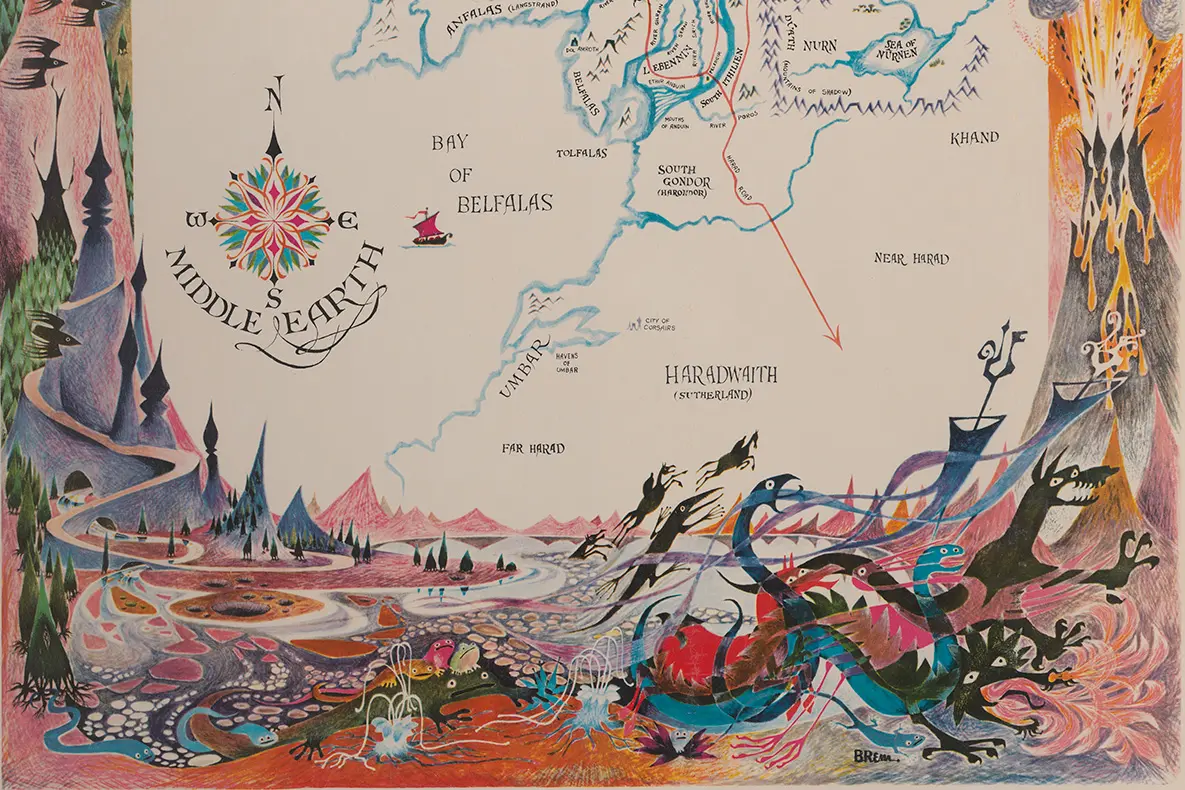 Part of a map of Middle-Earth with colorful mountains and scary creatures along the bottom.