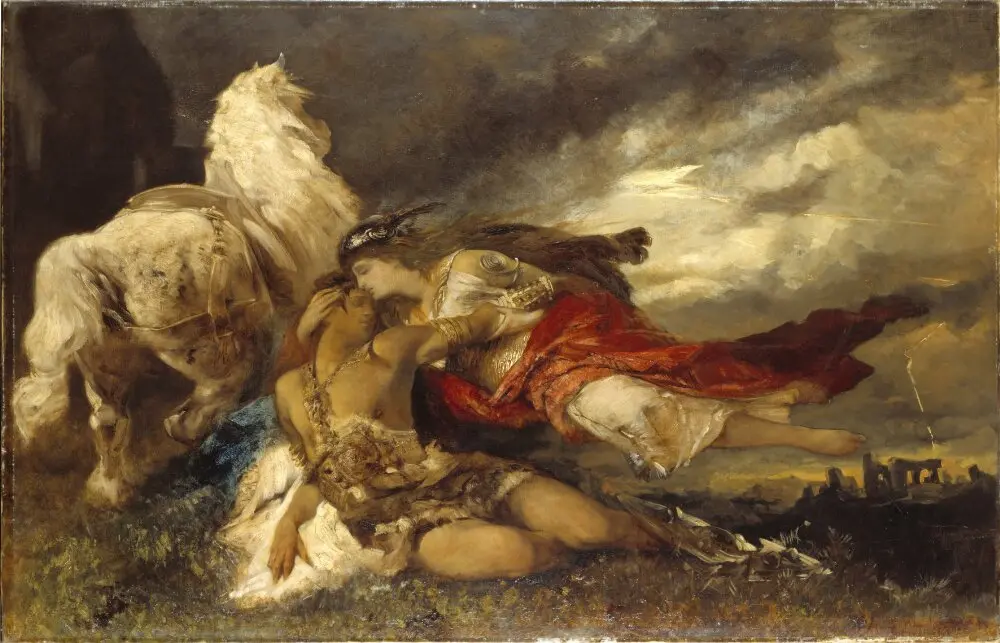 Painting of Valkyrie holding a dying solider next to a white horse.