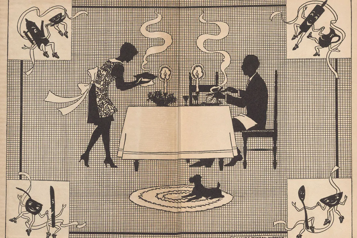 Illustrated paste-down and endsheet of the book. Shows a black and white silhouette-style illustration of a man in a suit seated at a small table decorated with candles and a woman in heels and an apron with a large bow bringing a pie to the table.