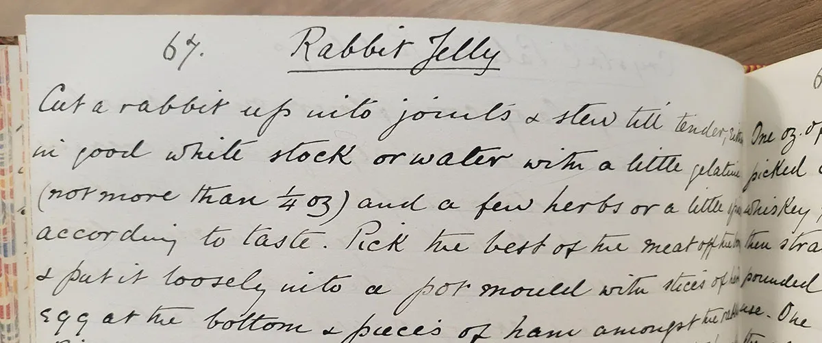 Top of a recipe page for Rabbit Jelly, hand written in cursive script.