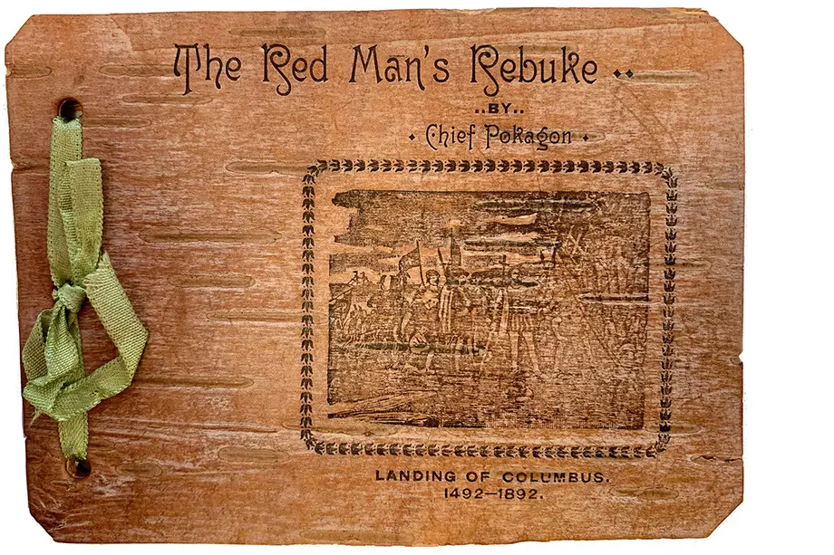 Birch bark book cover of The Red Man's Rebuke by Chief Pokagon.